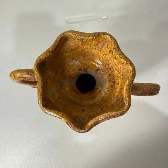 Vintage 1950's Toledo Spain Brown Yellow Speckled Glazed Pottery Vase 2 Handles